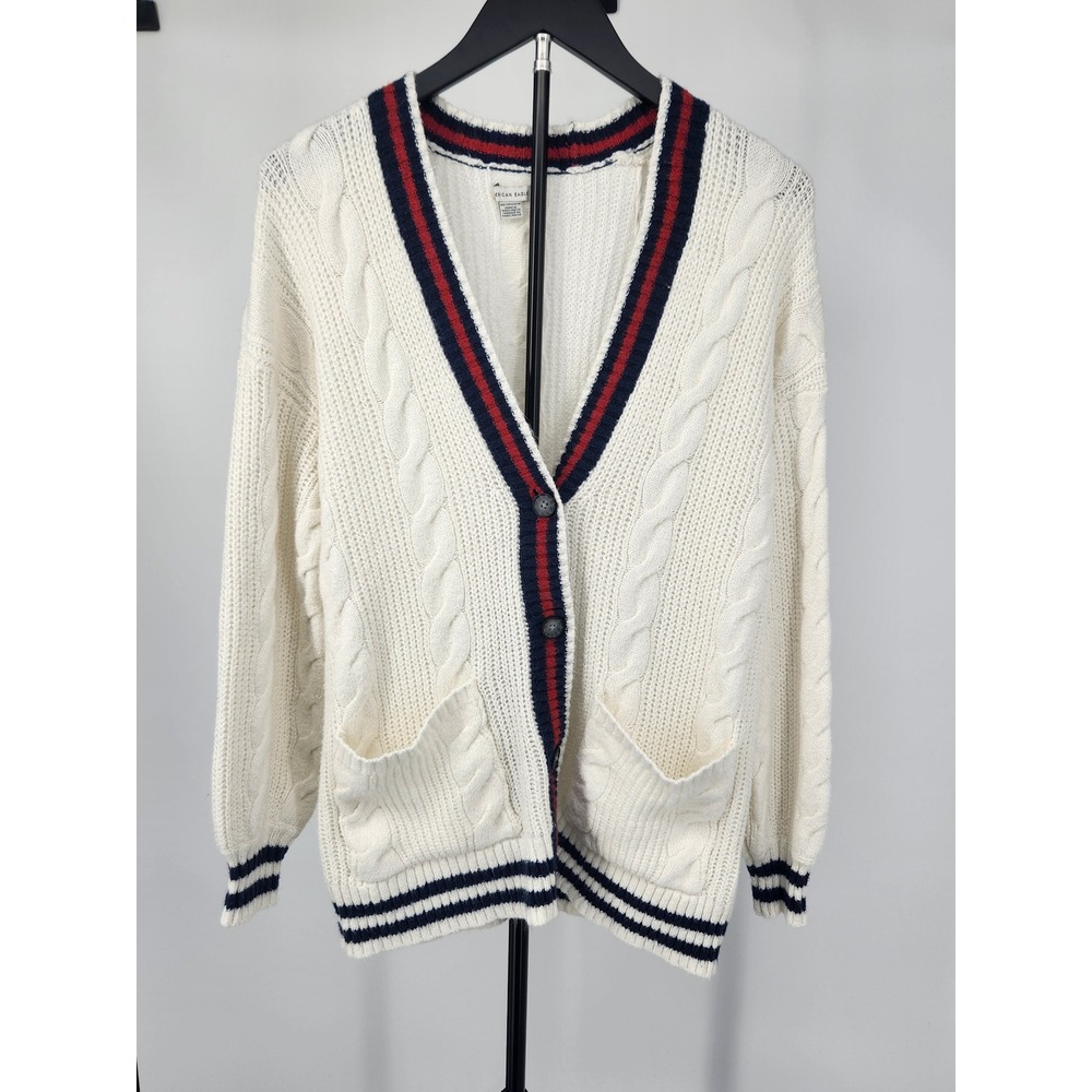 American Eagle Womens XS Varsity Cable Knit Cardigan Sweater Cream Striped Trim